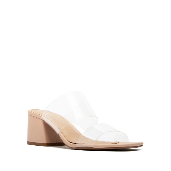 Tan clear band heels sandals slip on square toe events formal party mule - Picture 6 of 9